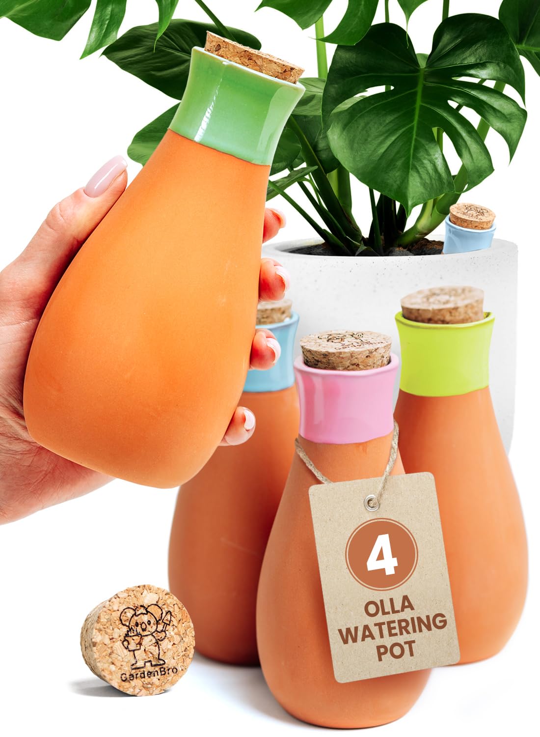 4 Pcs Ollas Terracotta Watering Pots Large - 14 Oz Self Watering Planter Insert Olla Watering System for 1-Week Easy to Refill - Clay Plant Watering Globes for Outdoor & Indoor Plants [4 PCS, Bright]