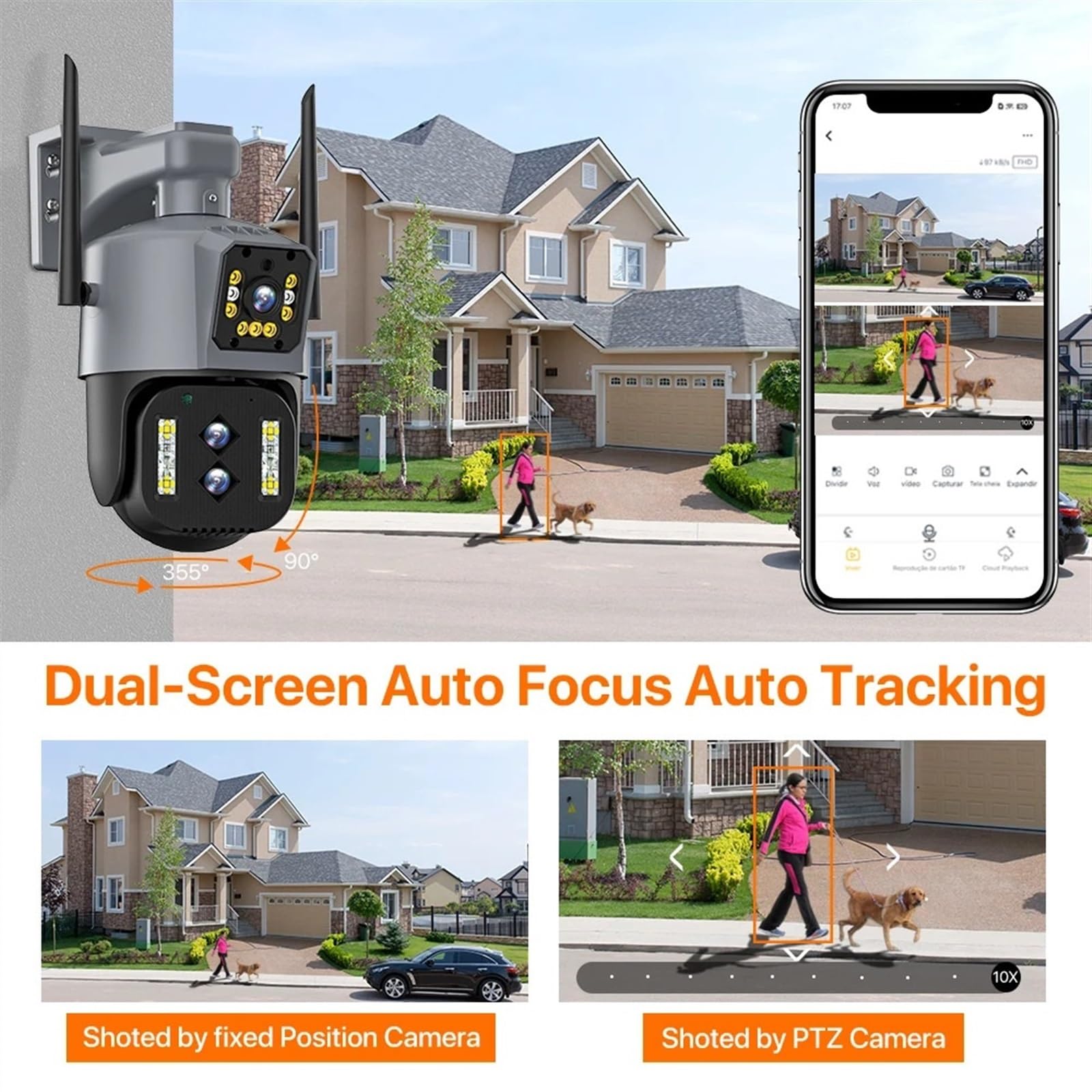 Kamera monitorująca Lornetka 4K 8MP kamera na zewnątrz 10X Zoom 2.8-12mm trzy obiektywy kamera PTZ bezpieczeństwa automatyczne śledzenie P2P CCTV nadzór wideo do użytku zewnętrznego i domowego(4MP No