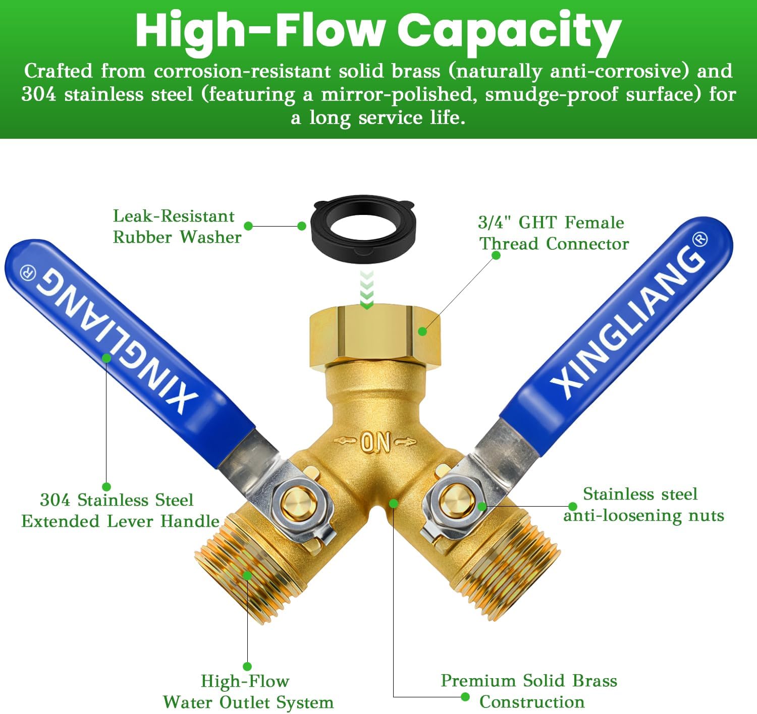 Hose Splitter, Garden Hose Splitter 2 Way with 304 Stainless Steel Long Handle, Heavy Duty Outdoor Brass Hose Splitter Y Tap Splitter 4" Extra Long Metal Handle, 3/4" GHT Thread