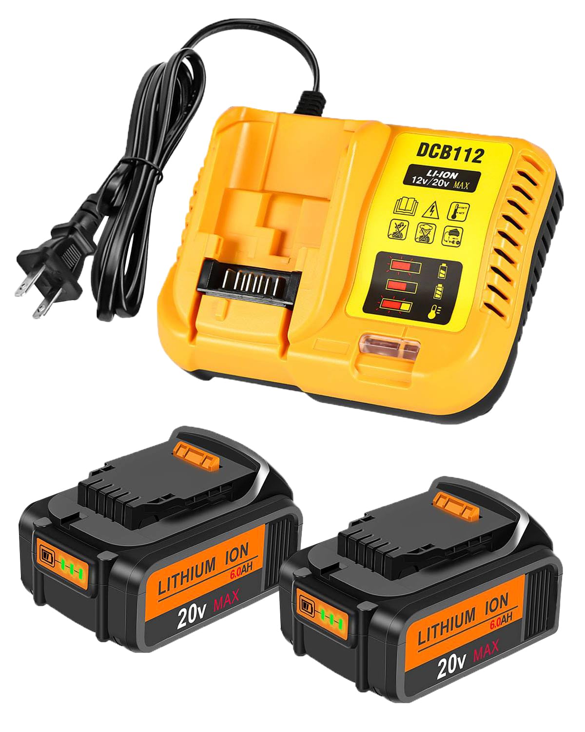 Lenoya 2Packs 20 Volts Battery Replacement for Dewalt 20V Battery 6000mAh & 12v/20v Charger DCB112 Combo