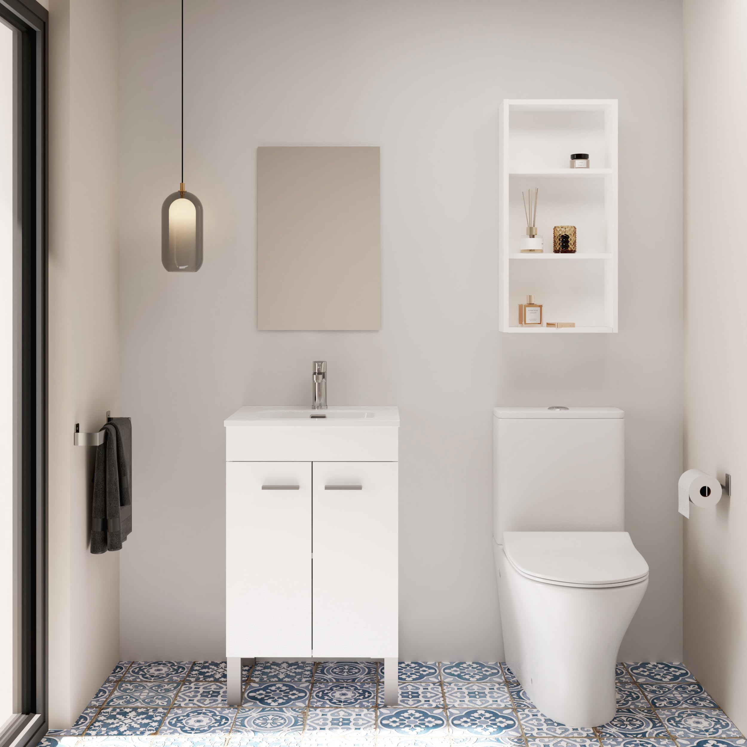 Baikal Mueble de Baño. 2 Puertas. Armario con Patas. Incluye Lavabo Cerámico y Espejo Liso. Mueble Auxiliar. Gabinete de Baño. Armario Auxiliar. Se Entrega en Kit. 50cm Blanco.