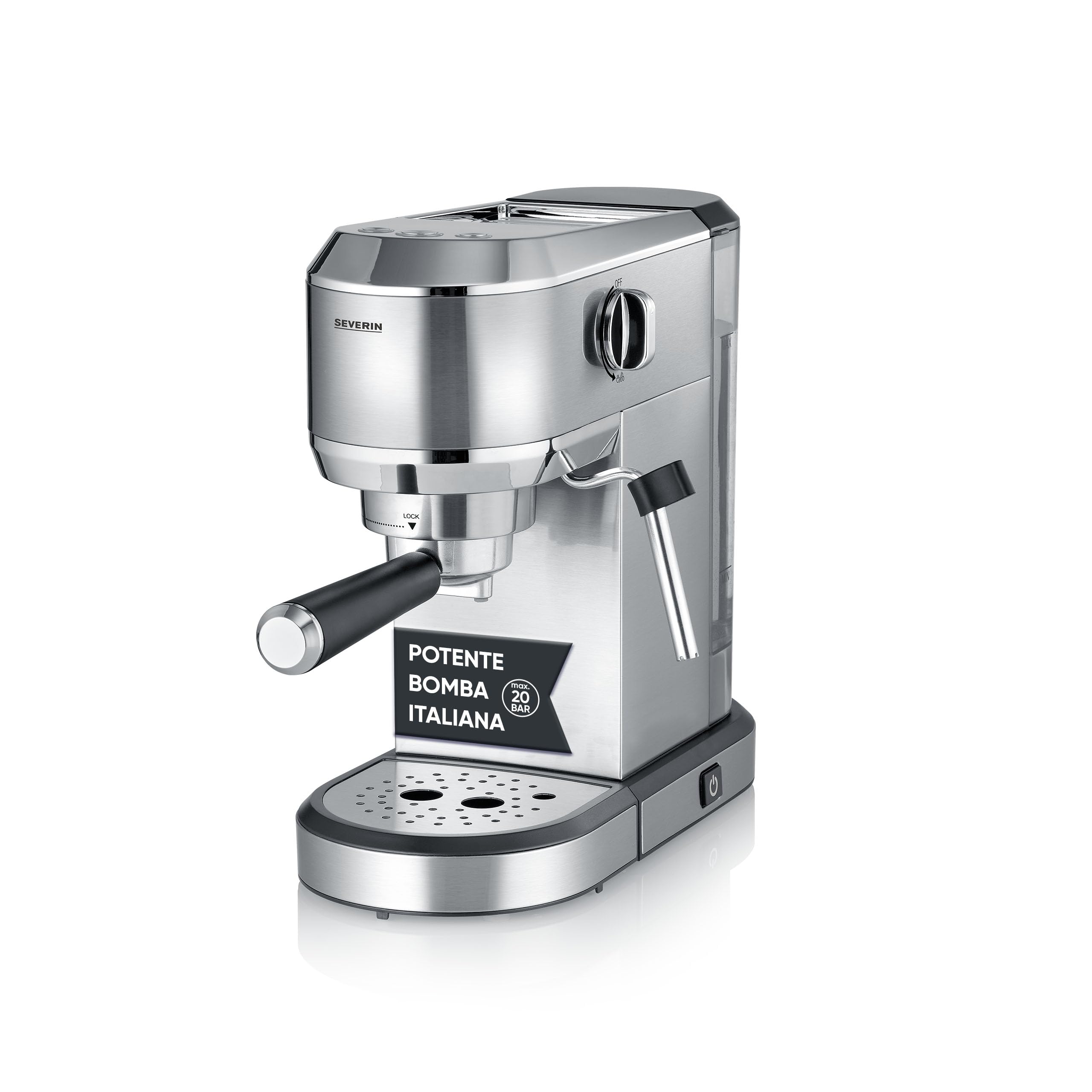 SEVERIN Cafetera espresso ‘Newspresa’, bomba ULKA de 20 bares, boquilla para espumar leche, depósito de agua de 1 litro, para una o dos tazas, color plata, acero inoxidable, 1350 W, KA 5997