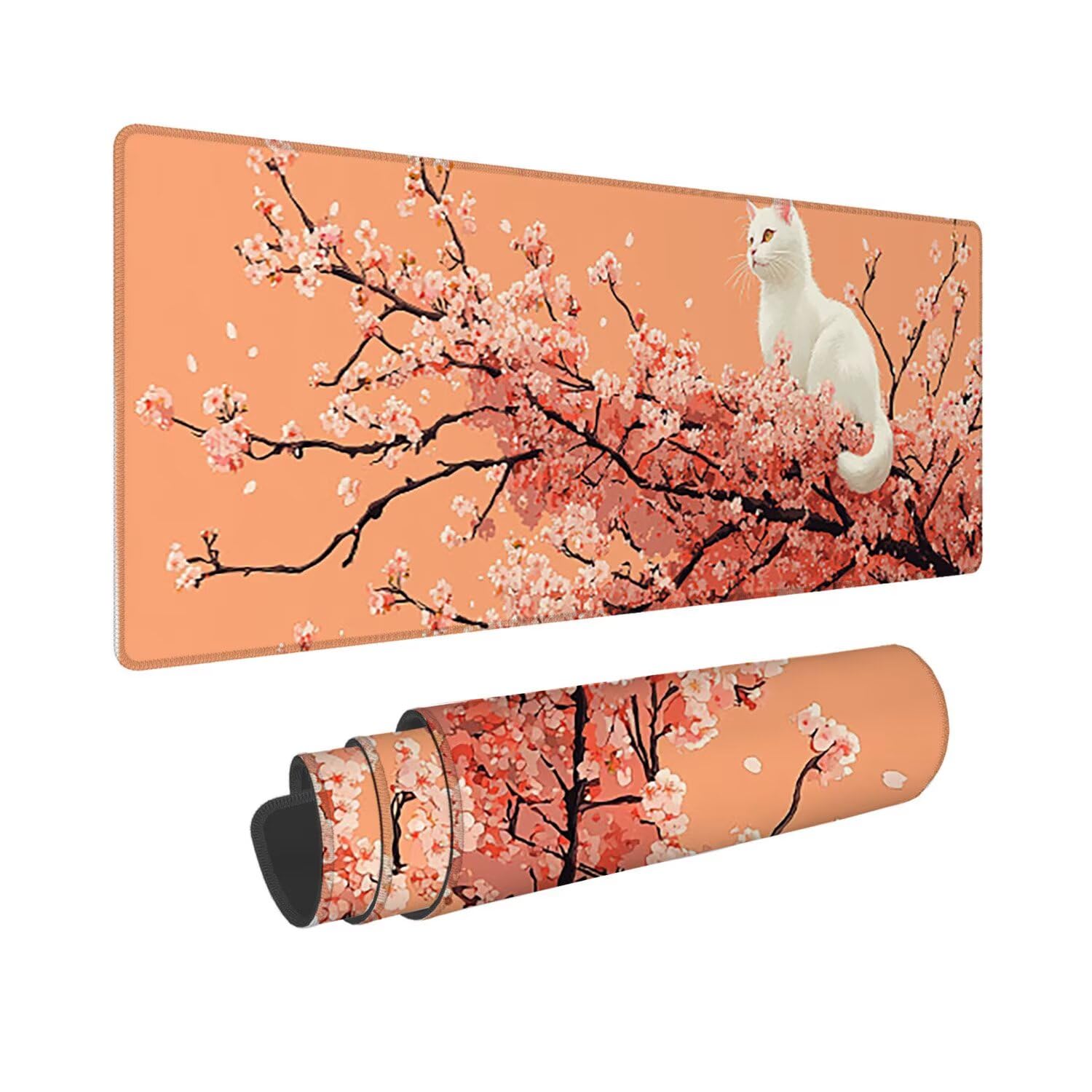Podkładka pod mysz do gier XXL duża mysz 1200 x 500 mm, duża podkładka pod biurko z antypoślizgową gumową podstawą, poprawia precyzję i szybkość (kwiaty wiśni koty) o-878