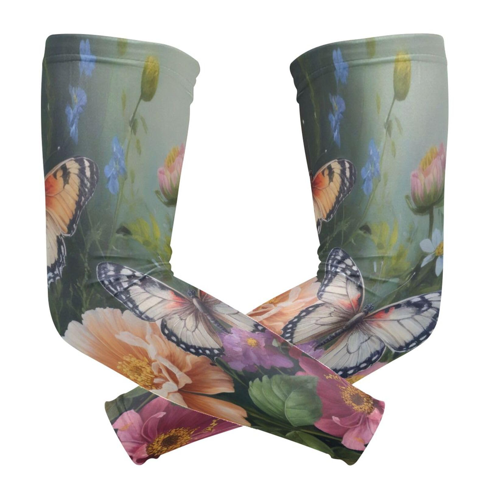 Kigai Flowers Butterfly UV Sun Protection Arm Sleeves for Men Women Cooling Compression Sports Arm Sleeves Tattoo Cover Up
