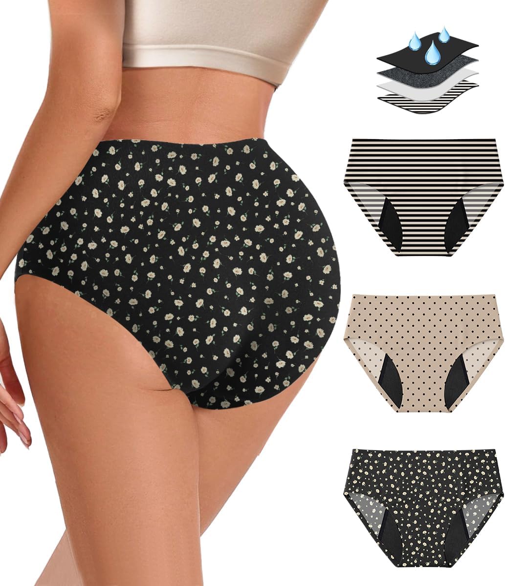 Period Underwear for Women Heavy Flow - Seamless High Waisted Leakproof Absorbent Briefs 3 Pack