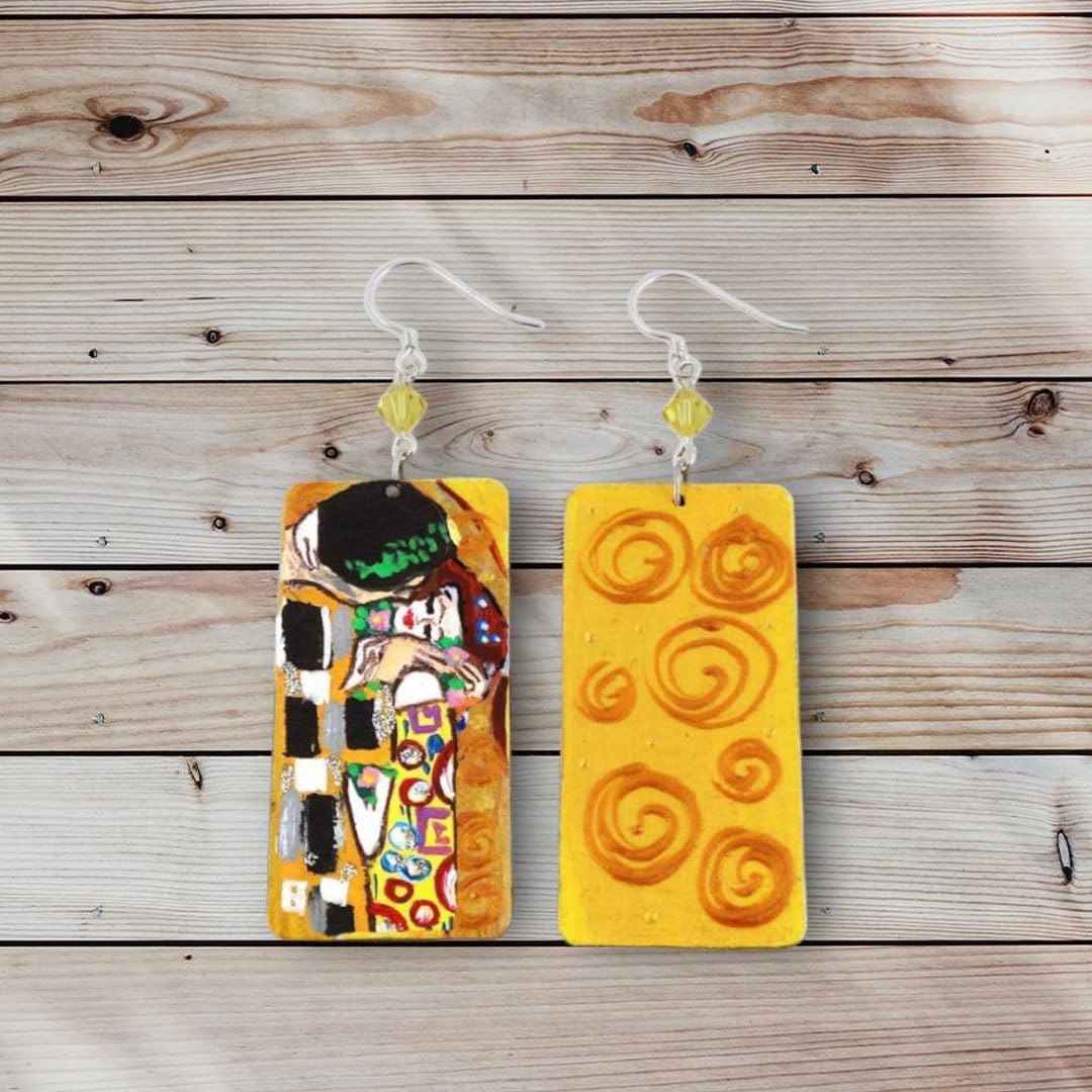 Boucles d'oreilles peintes à la main - LE BAISER DE GUSTAV KLIMT - Boucles d'oreilles pendantes pour femme, Bijoux en bois peints à la main, Crochet en argent, Fabriqué en Italie, Bijoux pour femmes