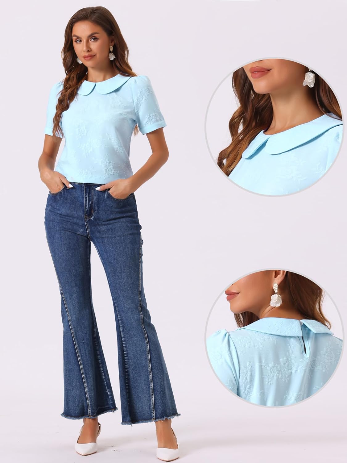 Allegra K Peter Pan Collar Blouse for Women's Floral Jacquard Puff Short Sleeve Kawaii Top - Image 4