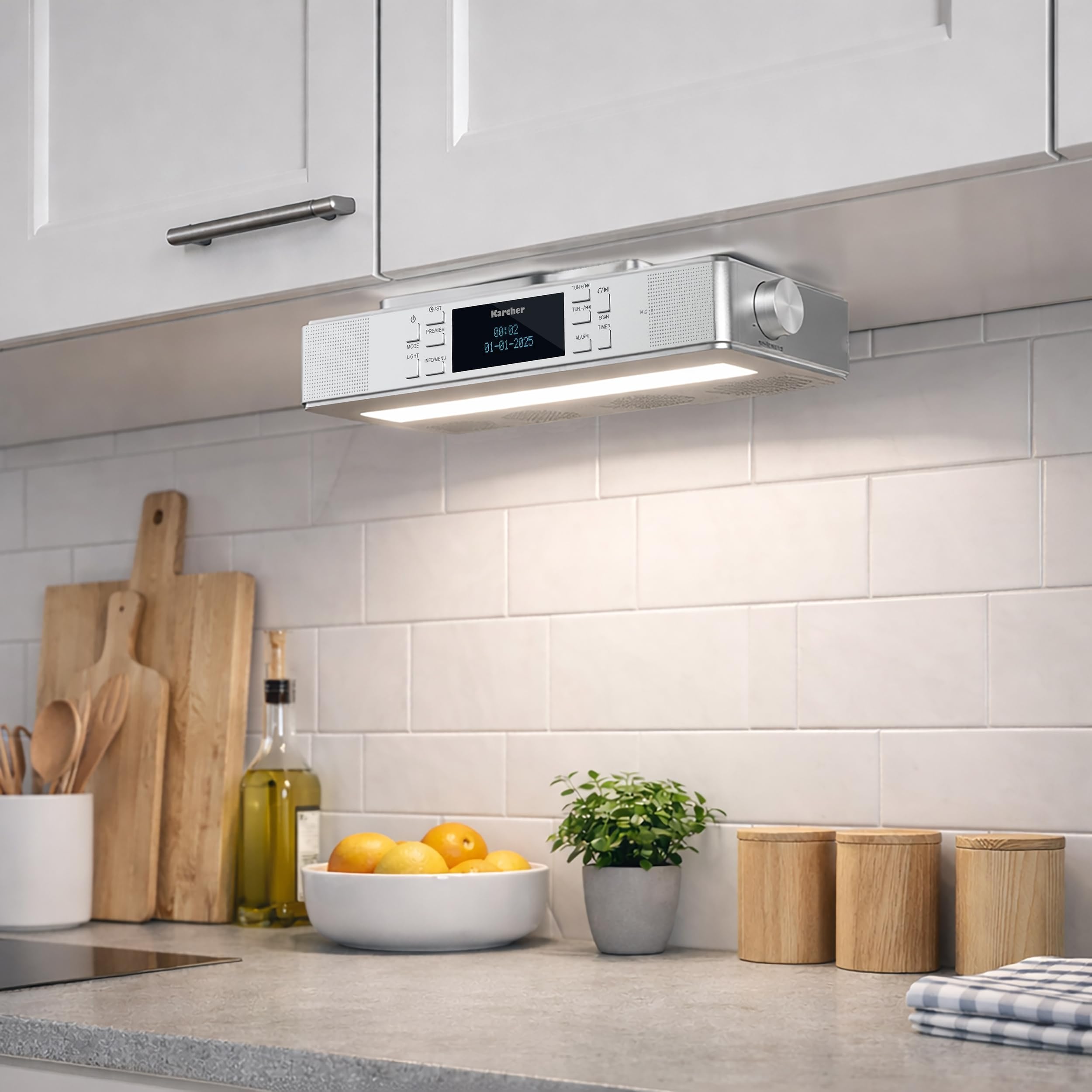 Karcher RA 2038D-S - Radio de Cocina con Radio FM/Dab+, empotrable con Bluetooth y lámpara, Radio Digital con Doble Alarma, Despertador y Temporizador de Cuenta Regresiva, Plata