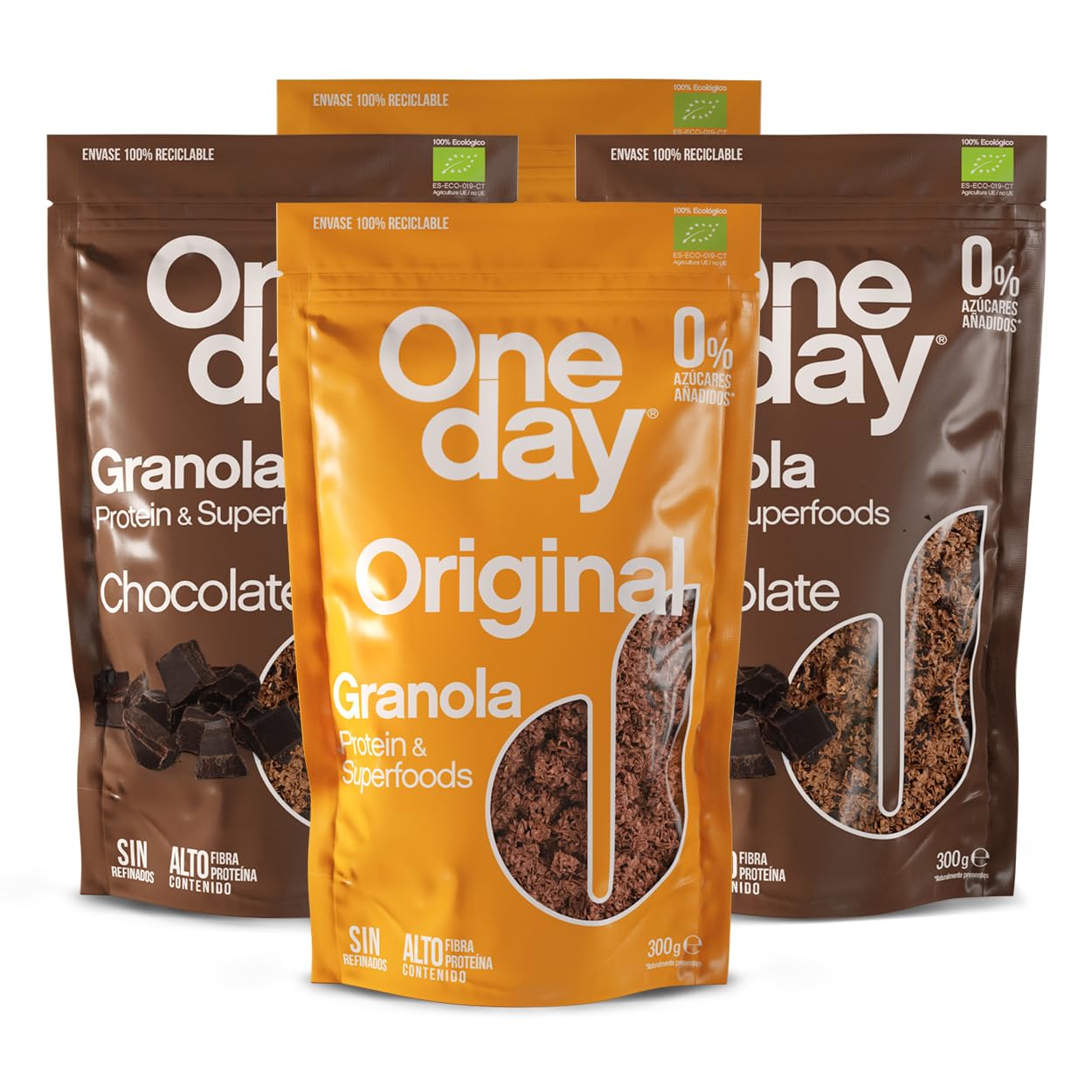 ONE DAY Granola Ecologica, Sin Azucares Añadidos, Alto en Proteína con Superfoods, Altro en Fibra, Pack 4 Variado x 300g (Pack Original x2 + Chocolate x2) - 1