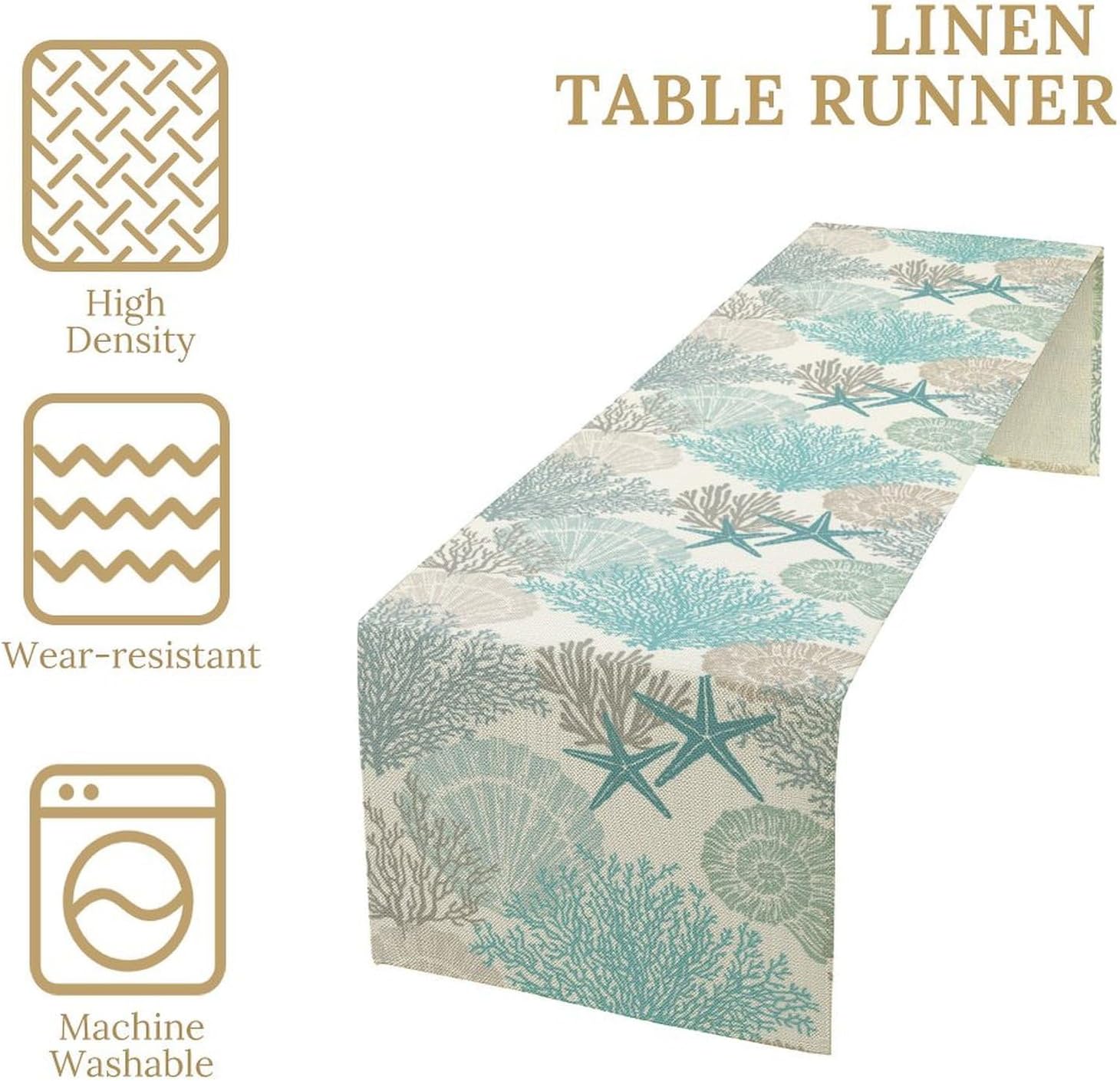 Nautical Coastal Table Runners Ocean Beach Coral Table Runners for Dining Room Starfish Blue Teal Dinner Runner Kitchen Indoor Outdoor Patio Party Decor Fabric 1 Panel W13xL120in