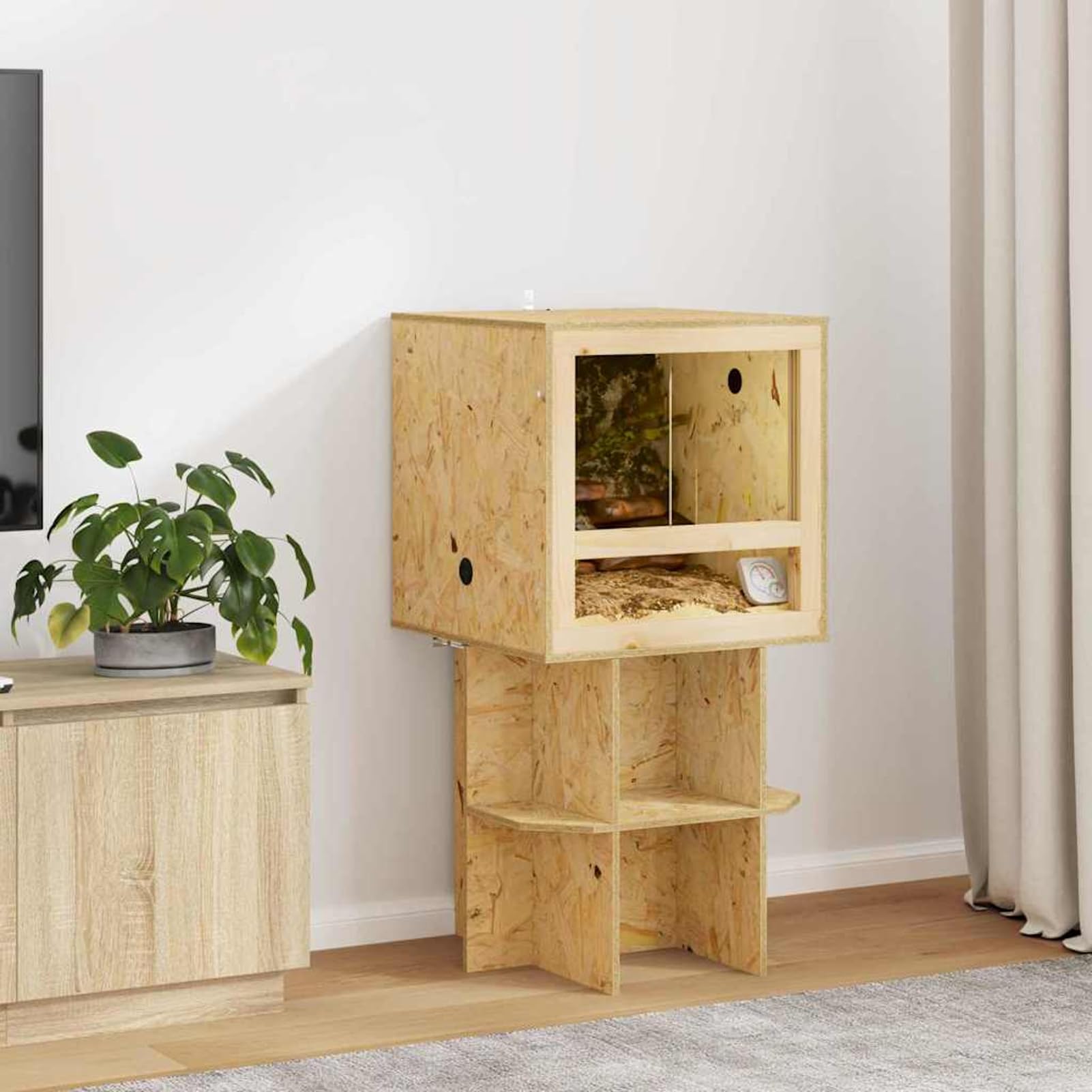 Terrario OSB con Vetro Temperato e Termometro, 50x50x50 cm, Colore Marrone Opaco, Design Rustico Moderno, per Rettili e Roditori, per Uso Interno, Assemblaggio Richiesto