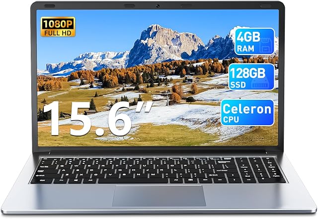 15.6 Inch Laptop, Celeron Quad-Core Processor, 4GB DDR4 RAM+128GB SSD, UHD Graphics 600, 5G WiFi & Bluetooth, Built-in Webcam, Mini HDMI, USB3.2, Type-C, 7000mAh Battery, Black