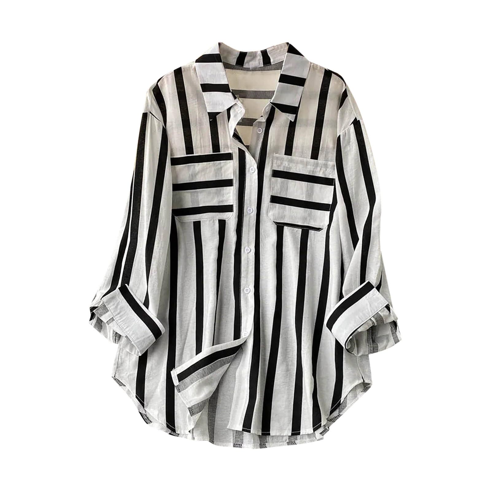 Women's Striped Button Down Shirts Long Sleeve Office Work Boyfriend Oversized Tops Summer Fall Classic Casual Blouse