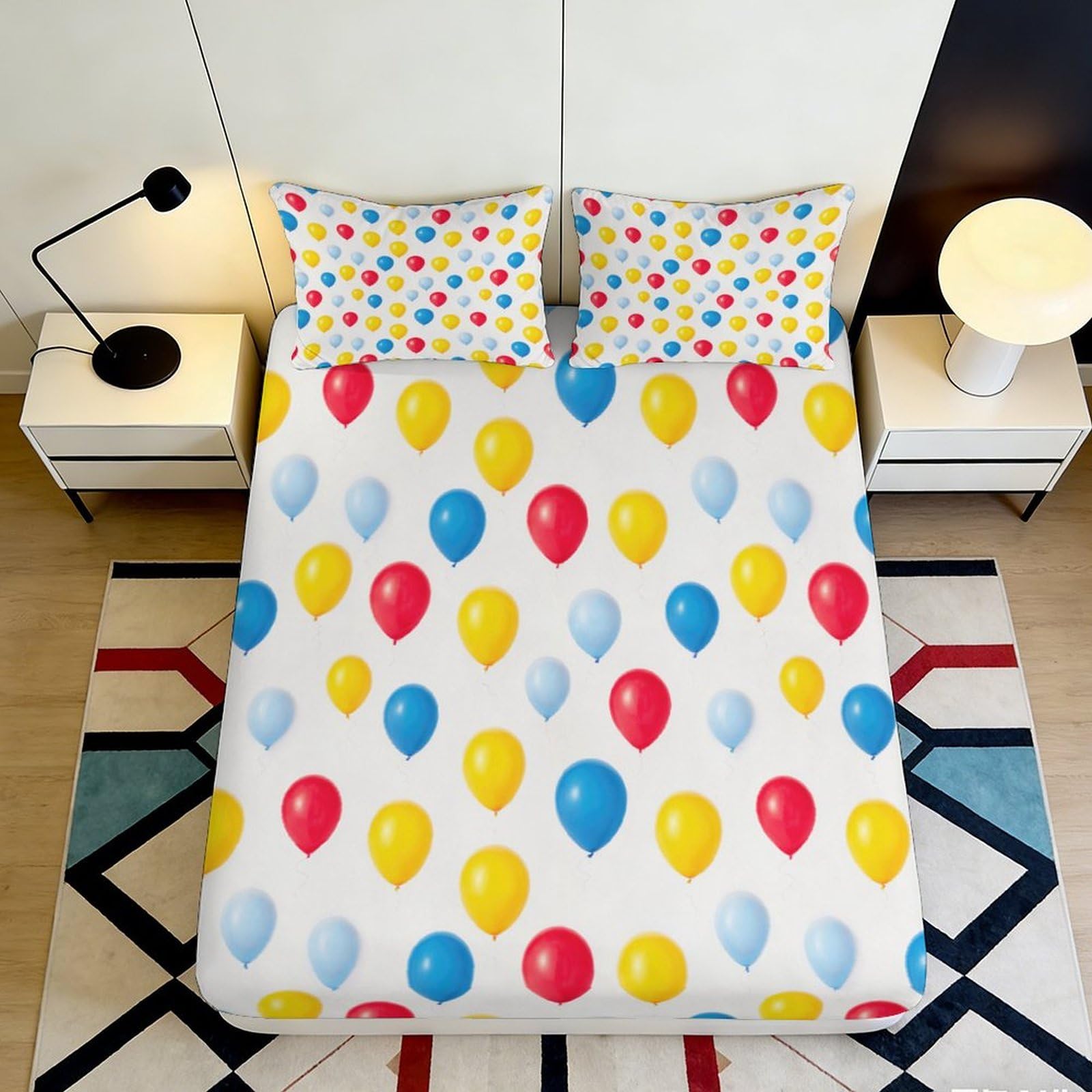 3D Printed Colorful Balloon Fitted Sheet Microfiber Soft Breathable Multicolor Bed Cover for Bedroom Dormitory Guest Room Mattress Protection 120x200x25cm
