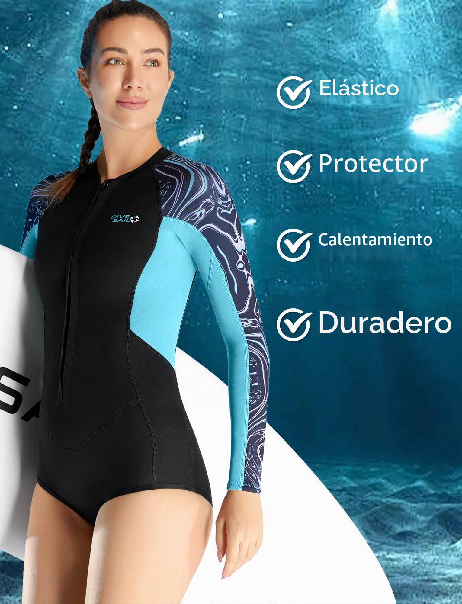 Maeau - Mujer Traje de Baño de Neoprende Manga Larga Bañador de 2mm Surf Traje de Baño con Cremallupf 50+ de Espesor para Deportes de Buceo Acuático XS S M L XL XXL