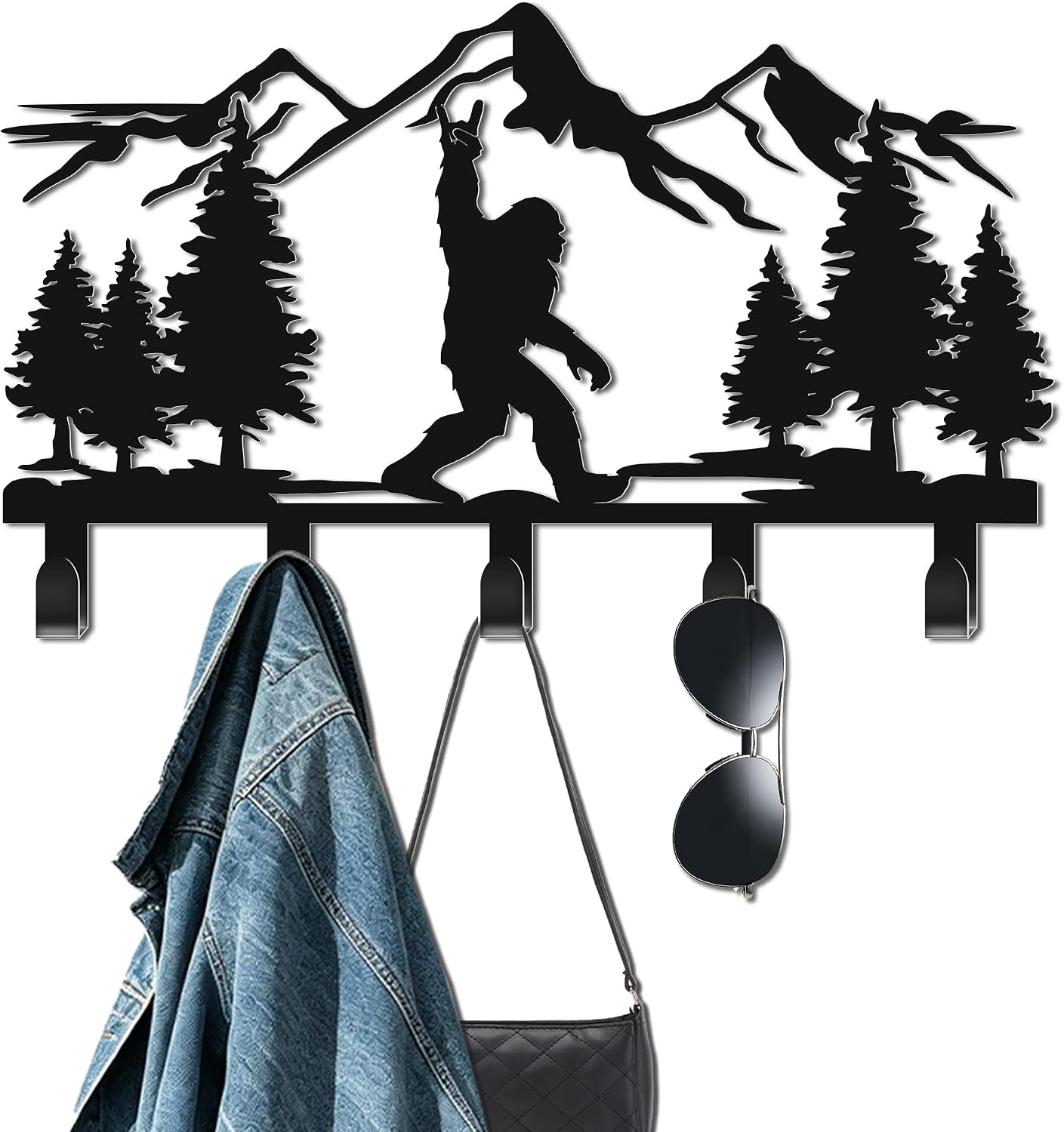 Matte Black Bigfoot Sasquatch Metal Wall Hook Rack, Mountain Forest Decor