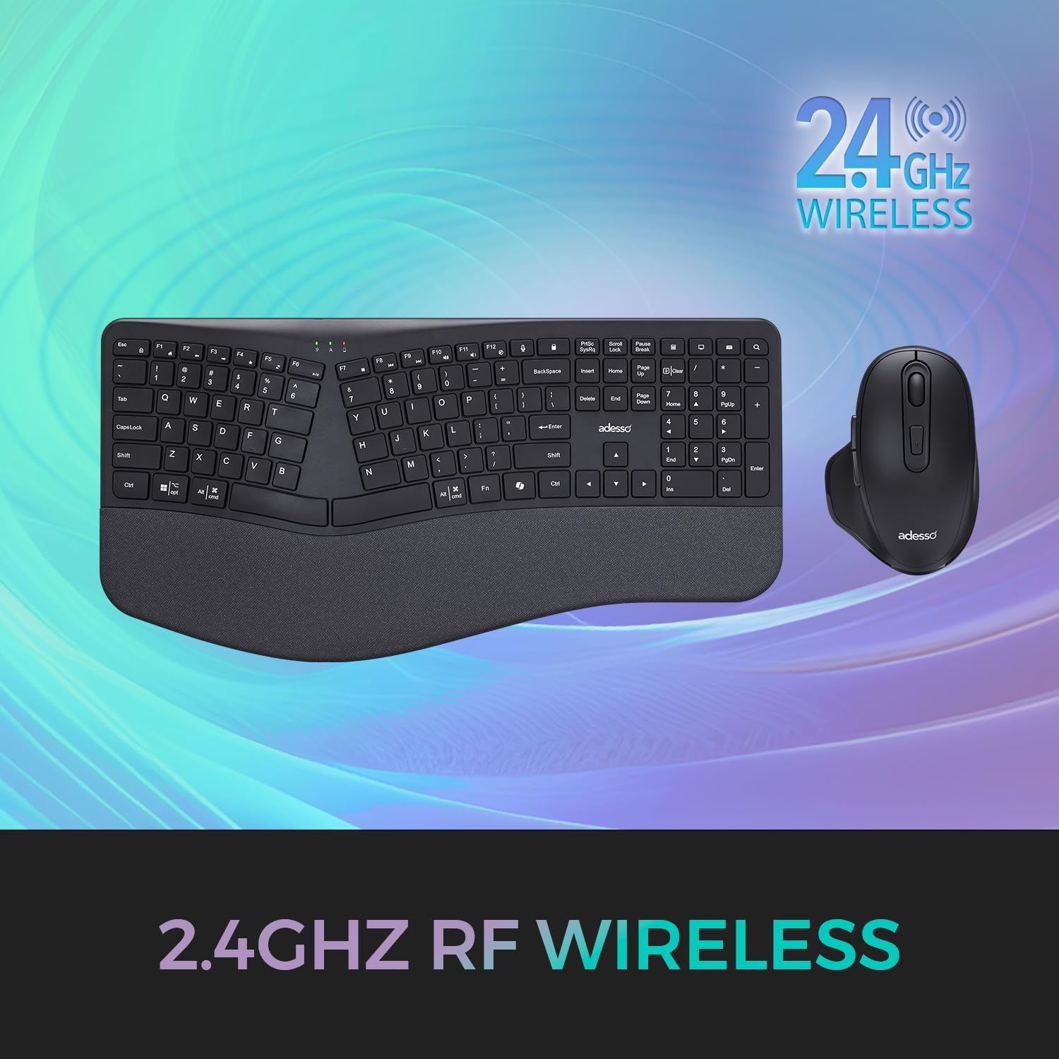 Adesso WKB-7500CB Wireless Ergonomic Keyboard and Mouse Combo with Copilot AI Hotkey Scissor Switch Keys Split Keyframe Design Adjustable DPI Optical Mouse for Windows Mac PC Laptop Black
