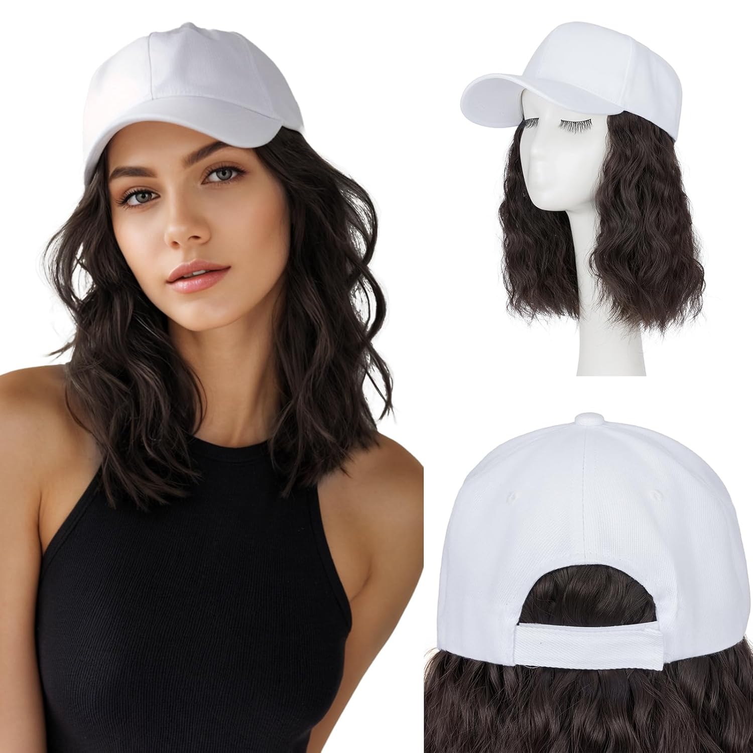 S-noilite Baseball Cap with Hair Extensions,White Hat Wigs with Hair Attached Synthetic Short Curly Wave Bob Hairstyle Baseball Caps for Women Daily Use(#4 Dark Brown).