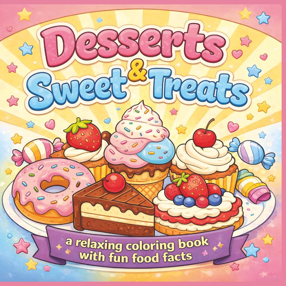 Desserts & Sweet Treats: A relaxing coloring book with fun food facts|Bold Designs|Easy to color|Stress Relief and Relaxation