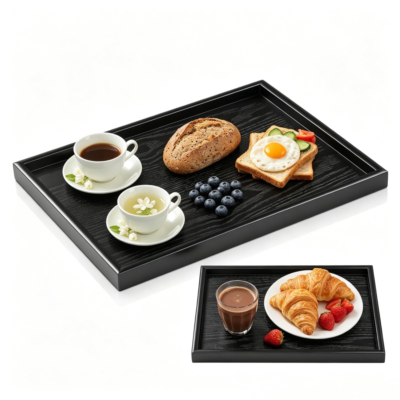 Set di 2 vassoi in legno, 40 x 30 cm e 25 x 18 cm, rettangolari, nero, vassoio da cucina per colazione, tè, caffè, per bagno, ristorante, hotel, caffè (2)