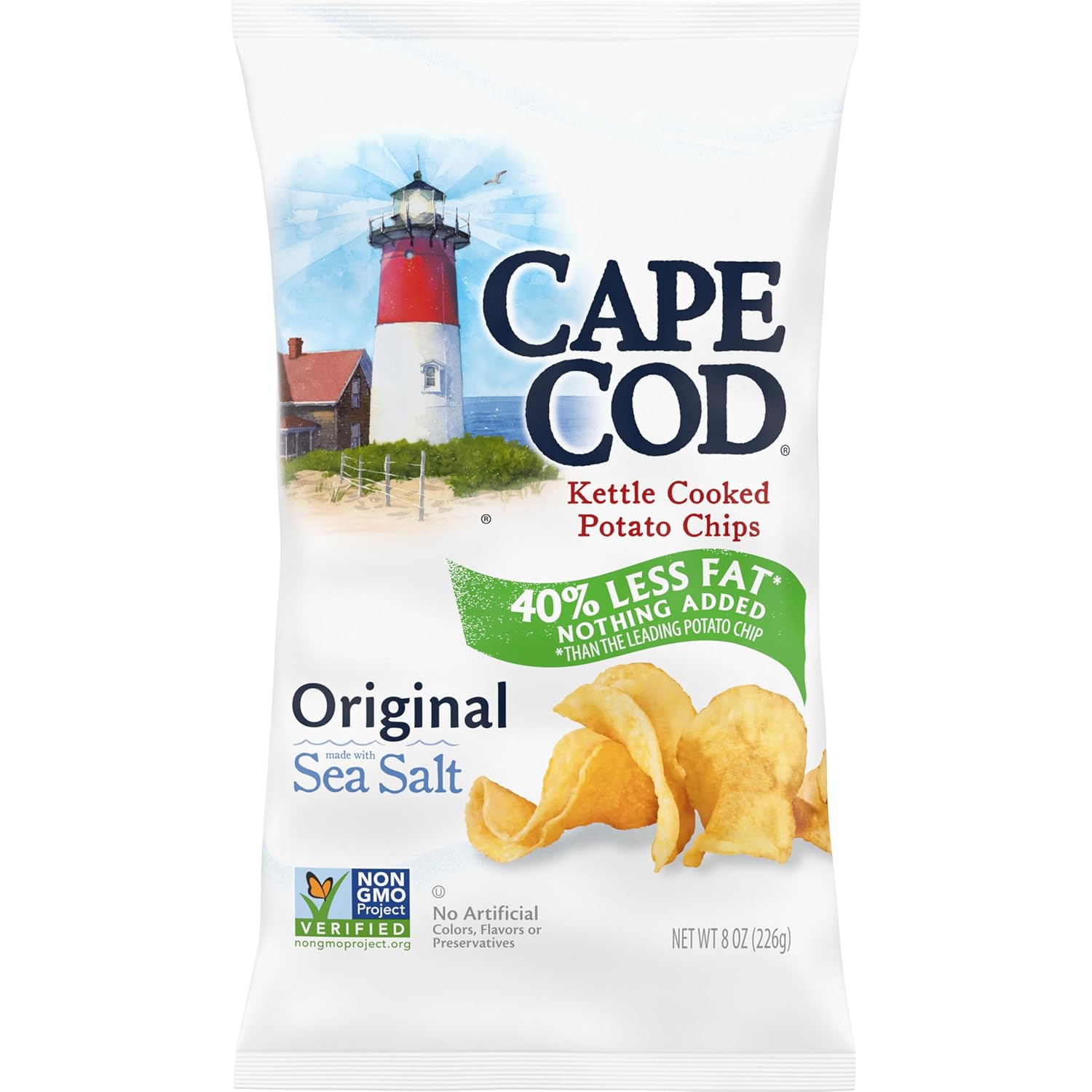 Cape Cod Less Fat Original Kettle Chips, 8oz Bag - 40% Less Fat, Kettle Cooked Crunch, Gluten Free