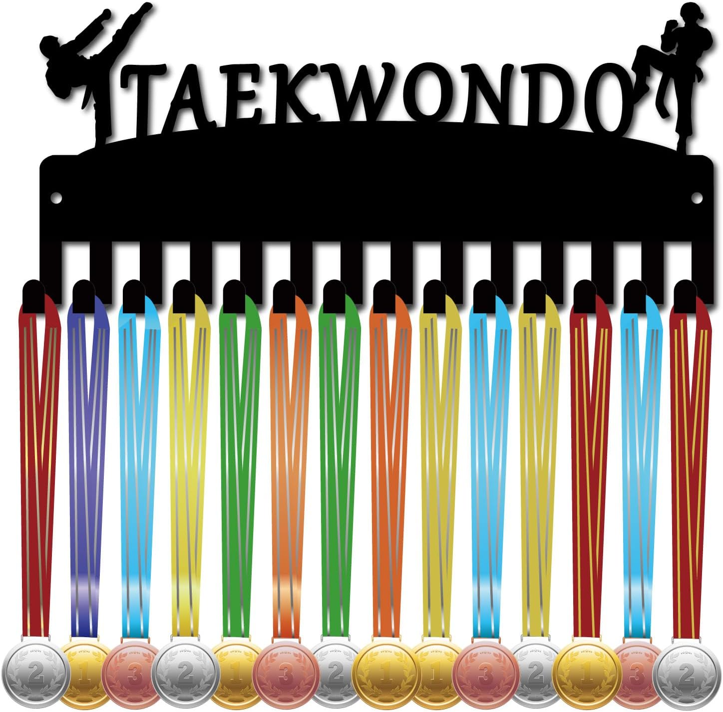 CREATCABIN Taekwondo Medal Holder Medal Display Hanger Small Awards Lanyard Ribbons Organizer Metal Shelf Stand Frame Decor Wall Mounted Rack with 14 Hooks for Athlete Sporter Black 11.4 x 5Inch