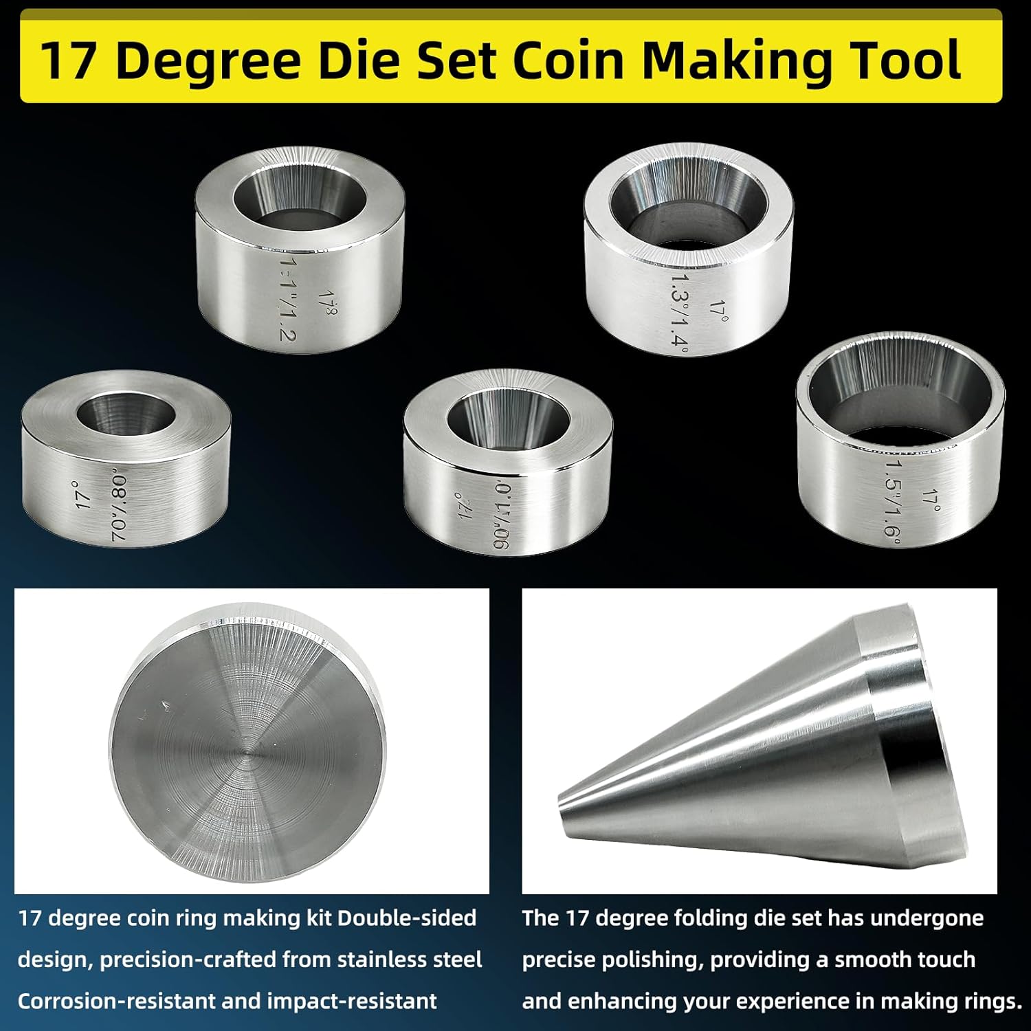 17 Degree Folding Die Set 5 Piece Die Set and Folding Cone Stainless Steel Stabilizer Folding Cone Die Set Coin Ring Making Tools for Coin Craft and Ring Manufacturing