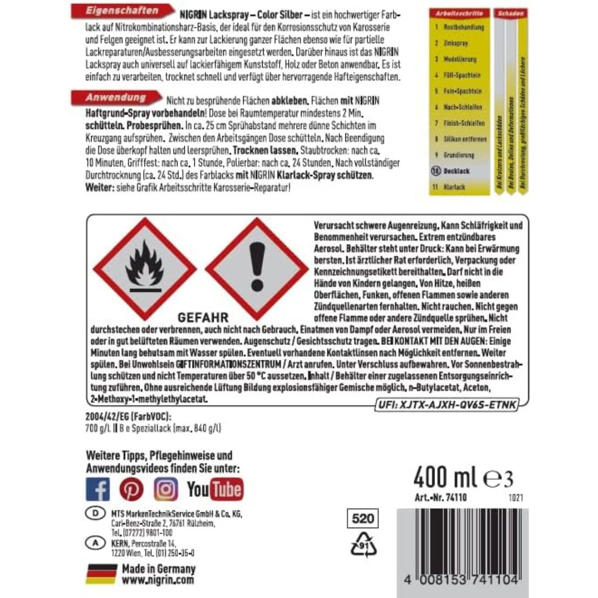 NIGRIN Lackspray, 400 ml, Autolack Silber, schützt Felgen und Karosserie vor Rost, schnell trocknend - 3