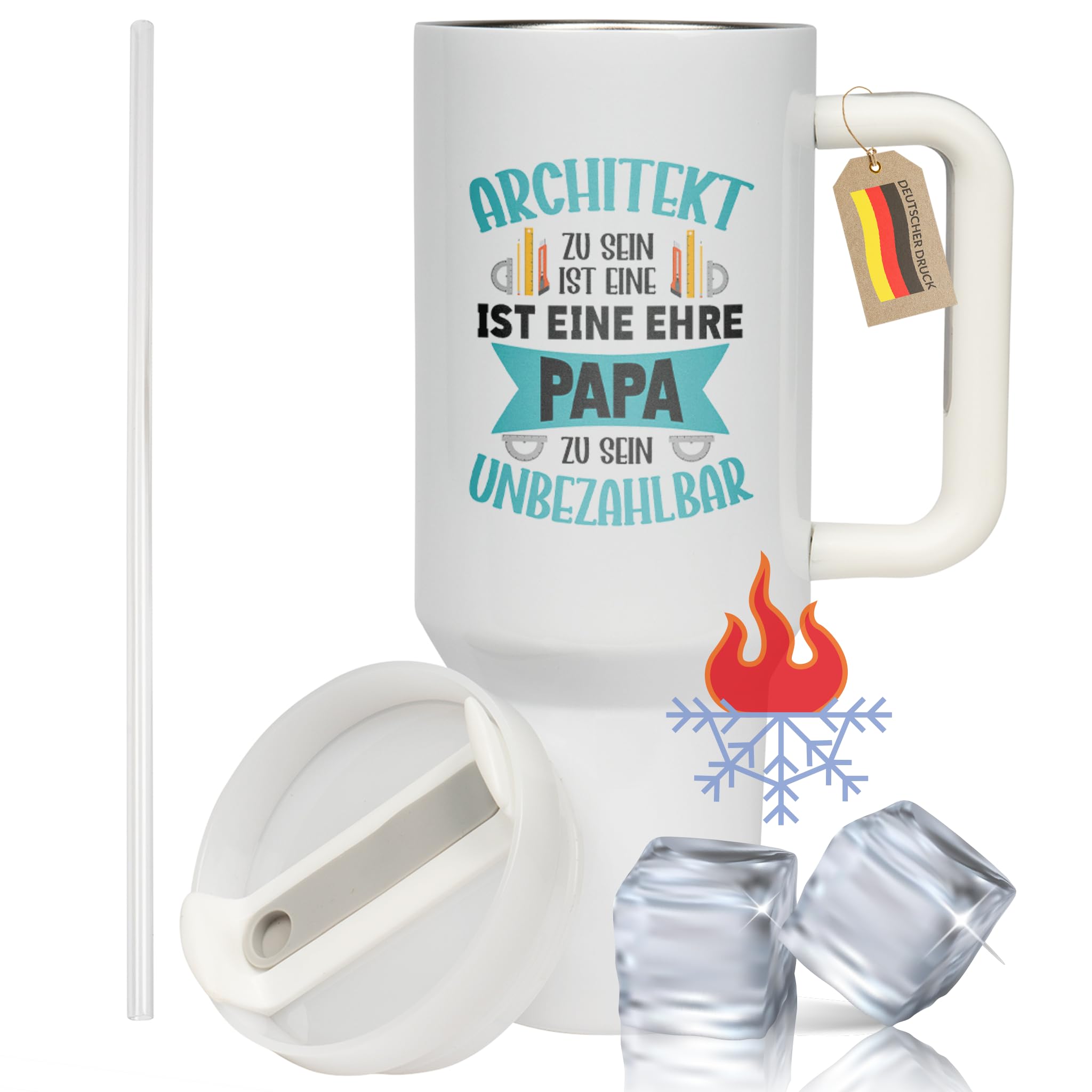 XXL Thermobecher für Papa & Architekten – Geschenk zum Vatertag & Geburtstag – Edelstahl Trinkflasche, Weiß mit Architekt Papa Spruch (WIEDERVERWENDBAR)