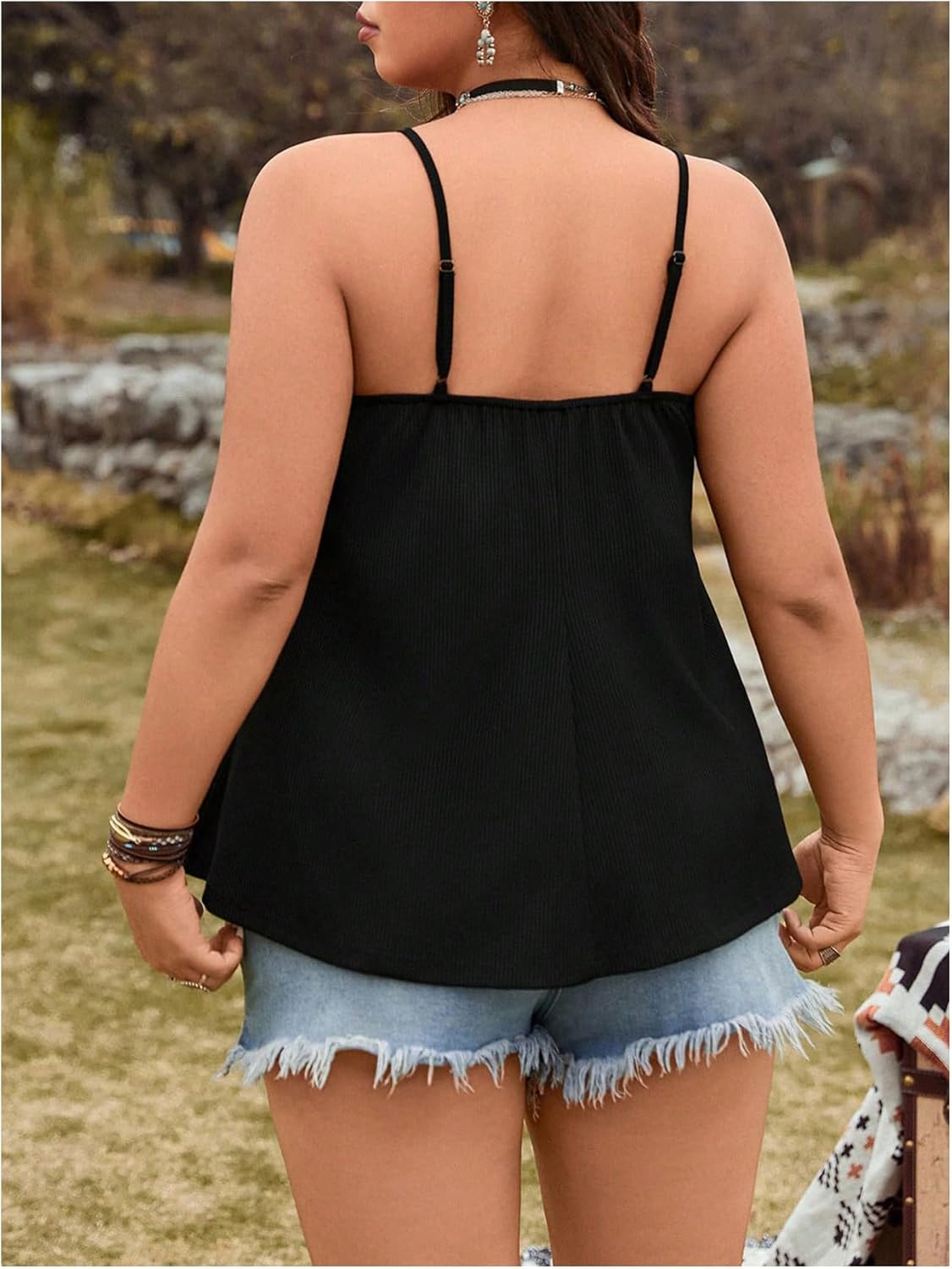 MakeMeChic Women's Plus Size Lace Up Camisole Spaghetti Strap Grommet Eyelet Sleeveless Y2k Tank - Image 2