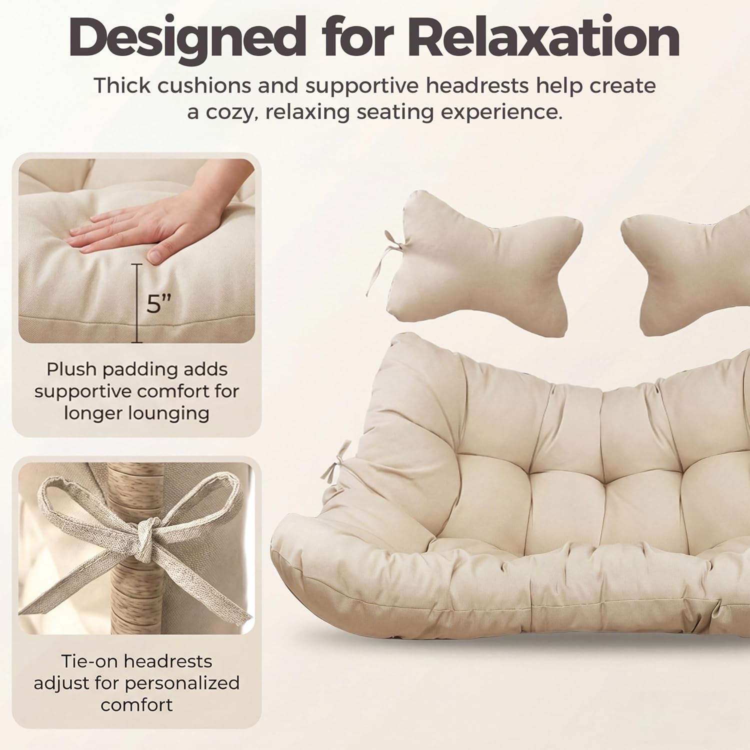 NICESOUL Double Egg Chair Outdoor Indoor, Oversized 2 Person Swing with Stand, All-Weather Large Wicker Hanging Loveseat, Heavy Duty Patio Swinging Seat w/Cushion for Balcony, Beige