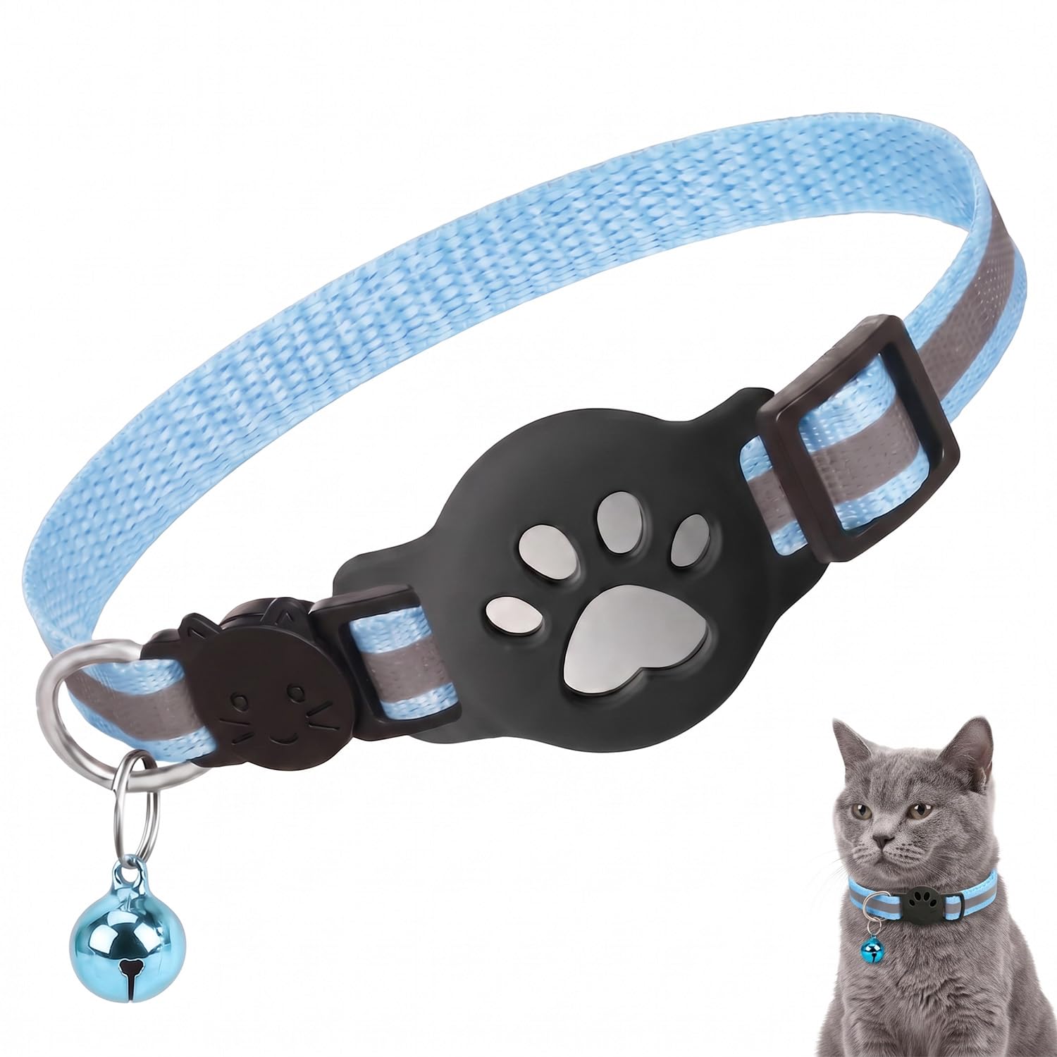 Collar Reflectante Para Mascotas Con Ranura Para Airtag, Diseño Antideslizante Y Seguro, Compatible Con Gps Airtag, Collar Ajustable Para Gatos Y Perros, Color Azul Claro, Para Paseos Y Viajes