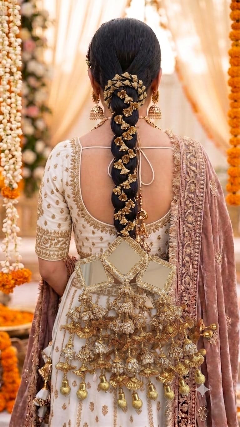 VELINA Golden Mirror Floral Panjabi Paranda Handcrafted Heavy Design Parandi Braid Tassles Traditional Hair Parandi Braid Hair Accessory For Women & Girls Hair Extension Choti Braid Tassles-image-32