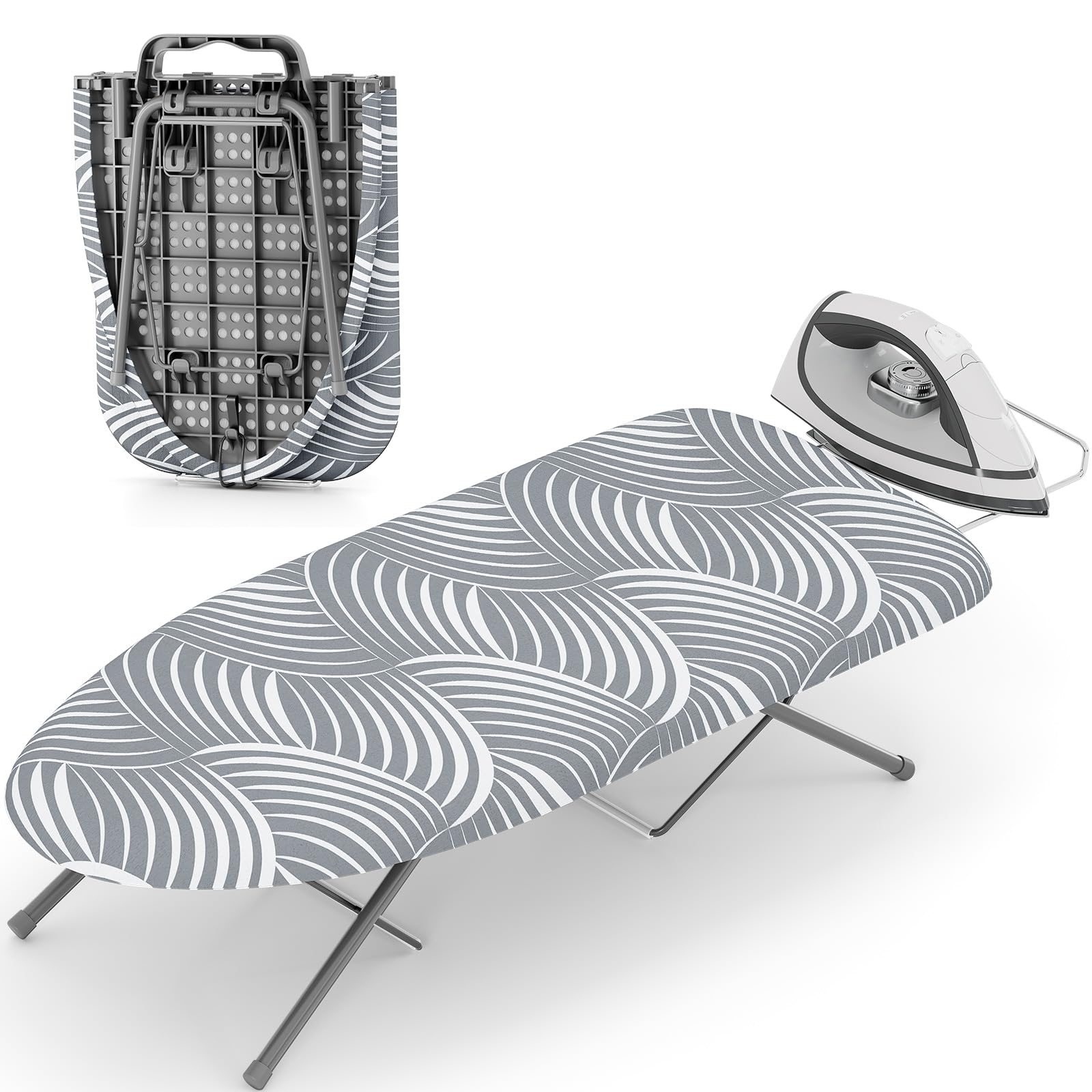 KINGRACK Foldable Ironing Board, Tabletop Small Board with Iron Holder, Portable Mini Ironing Board with Non-Slip Feet, Compact Iron Board for Home Supply, Dorms, Travel Use, Grey and White