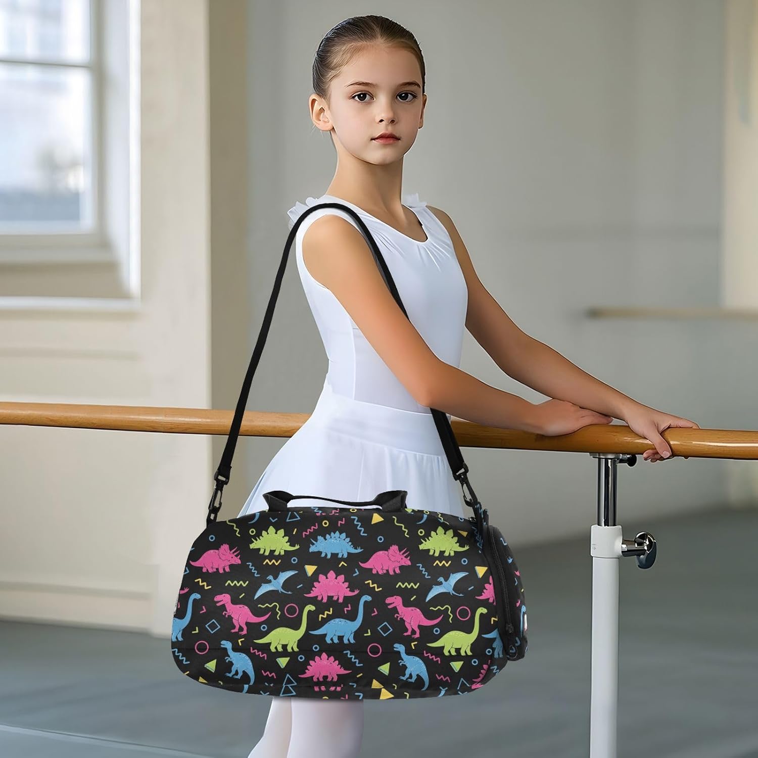 Kids Duffel Travel Bag Boys Girls Dinosaurs Black Print Dance Bag Sport Ballet Gym Overnight Cheer Tote with Shoe Compartment - Image 5