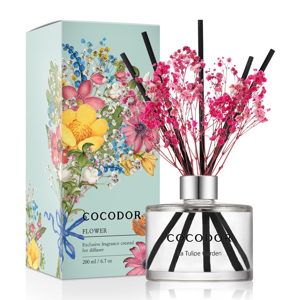 COCODOR Blumen-Schilfrohr-Diffusor-Set, 190 ml, La Tulip Garden/Duftdiffusor mit Stäbchen, Raumduft, Schilfrohr-Diffusor für Badezimmer, Regal-Dekor