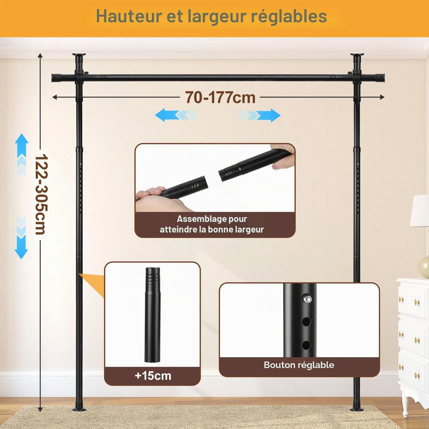 Séparateur de pièce sans perçage, tringle de rideau réglable comme structure de paravent, séparateur d'espace autonome sans rideau, L 70-177 cm x H 122-305 cm, protection des regards pour salon
