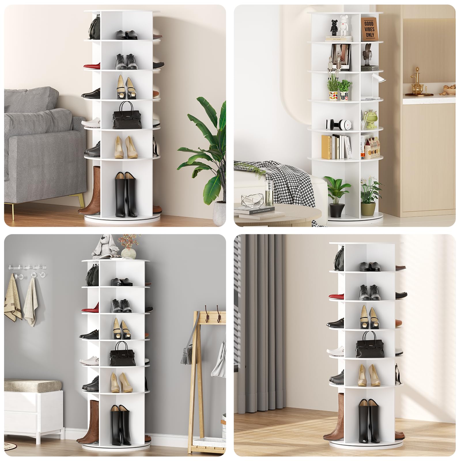 Zapatero giratorio de 360 grados, 6 niveles, redondo, 60 x 60 x 155 cm, armario blanco para zapatos para entrada y armario, para el hogar