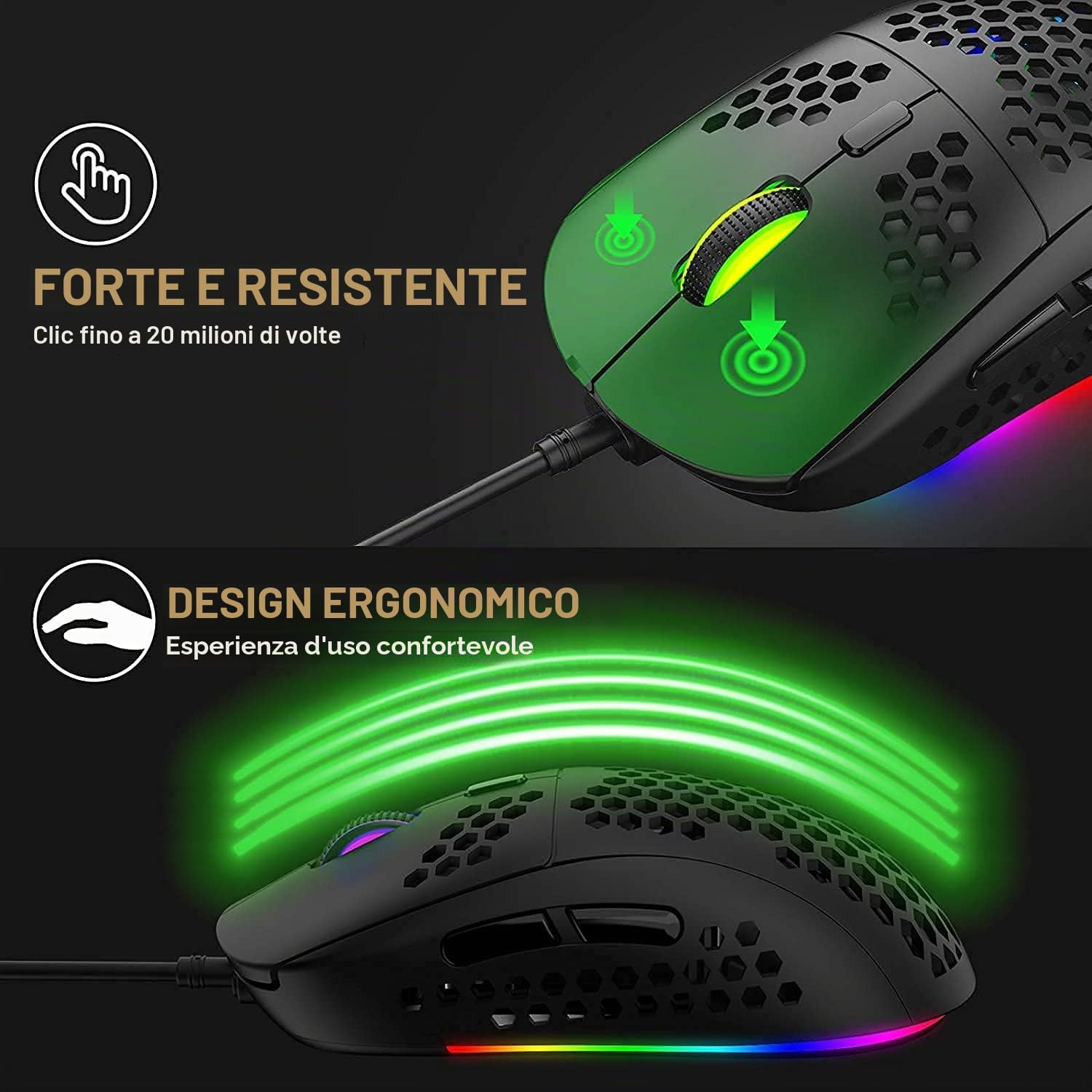 T60 Set Tastiera e Mouse da Gioco, Mini 60% Tastiera Meccanica Compatta 62 Tasti, 19 Rainbow LED Light, UK Layout + Mouse da Gioco a 6400 DPI + Mouse Pad per PC, Laptop - Interruttore Blu/Nero