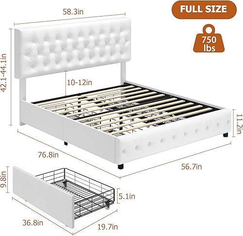 Miniatura 2 de Base de cama de tamaño matrimonial con 4 cajones de almacenamiento y cabecera ajustable, cama tapizada de piel sintética con diseño capitoné,