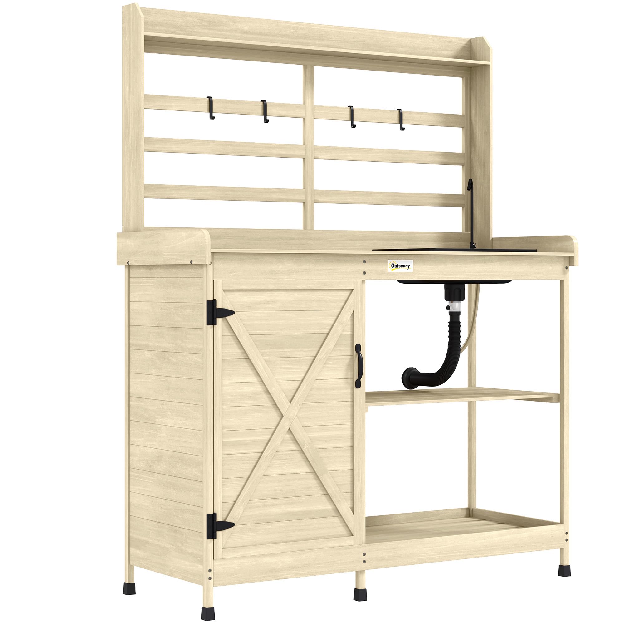 Outsunny Outdoor Wooden Potting Bench Table with Sink and Water Tap, Garden Workstation with Storage Cabinet, Storage Shelves for Backyard, Patio,