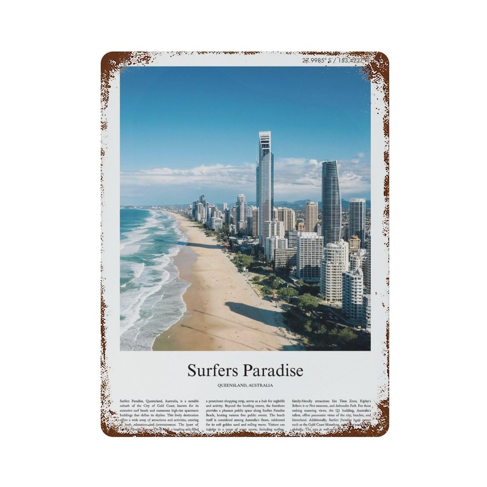 xiaoxiaoshen Surfers Paradise Queensland, Australia City Scenery Wall Decor Art Metal Tin Poster Modern Home Decor Art Home Bar Shop Decorations Vintage Sign 40x30cm