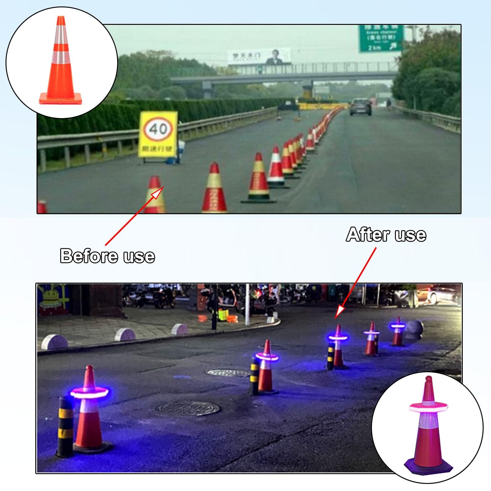 Anillo de cono de tráfico LED recargable 27cm para advertencia nocturna seguridad vial