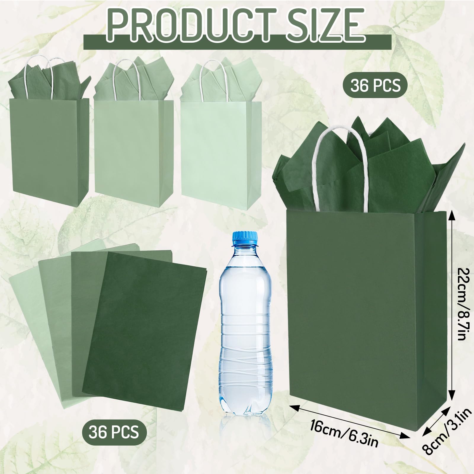 Whaline 36 Pcs Sage Green Paper Gift Bags with Tissue Paper Gradient Green Party Favor Bags with Handle Goodie Candy Treat Bag for Mother's Day Wedding Birthday Baby Shower One Lucky Duck Patry