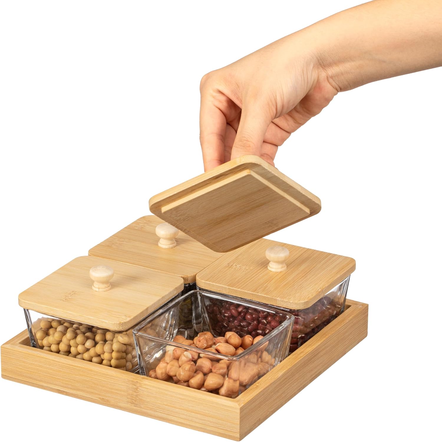 Basicwise Set of 4 Square Glass Jars with Bamboo Lids and Wooden Tray – Square Charcuterie, Snack Organizer and Fruit Platter for Party, Candy Jars, Cookies, Nuts, Fruits and Snack Box