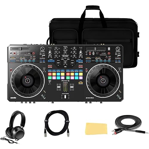 Pioneer DDJ-REV5 Scratch-Style 2-Channel Professional DJ Controller Bundle with Case, Headphones, XLR Cable, TRS-to-RCA Breakout Cable, and Austin Bazaar Polishing Cloth