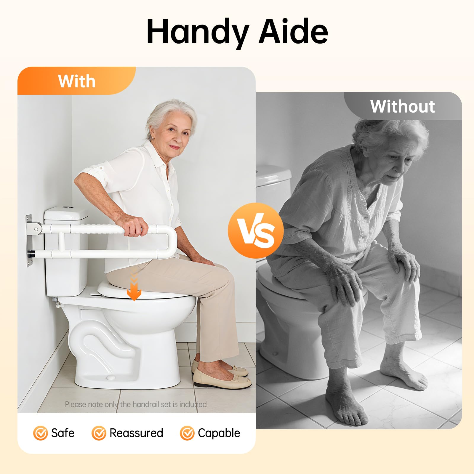 Asidero plegable para inodoro para personas mayores, con mango antideslizante, capacidad de carga 226,8 kg, color blanco
