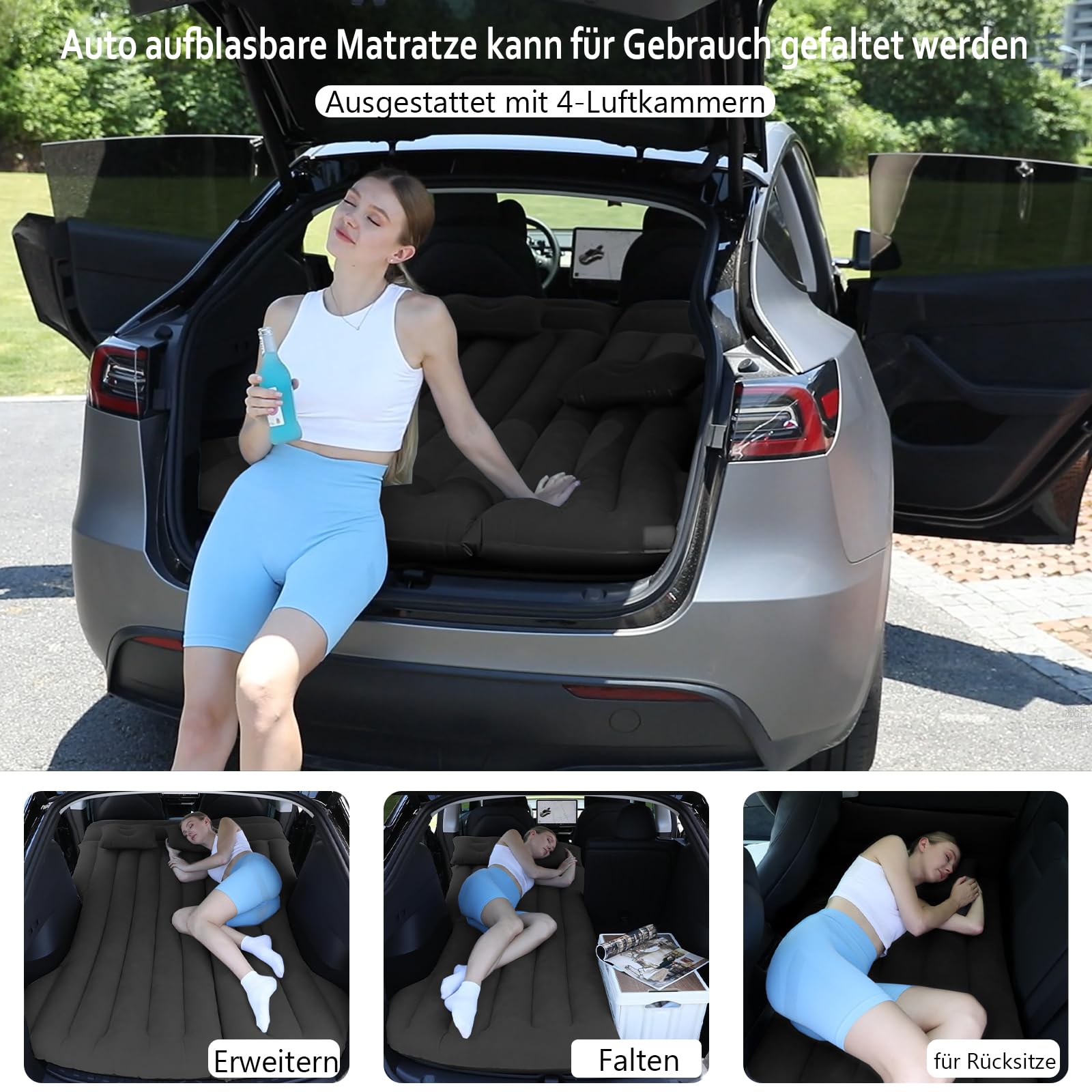 Materac dmuchany do samochodu, przenośny, do bagażnika, składane łóżko dmuchane, dla 2 osób, na kemping, wygodne łóżko do małych samochodów, SUV-ów (Czarny)