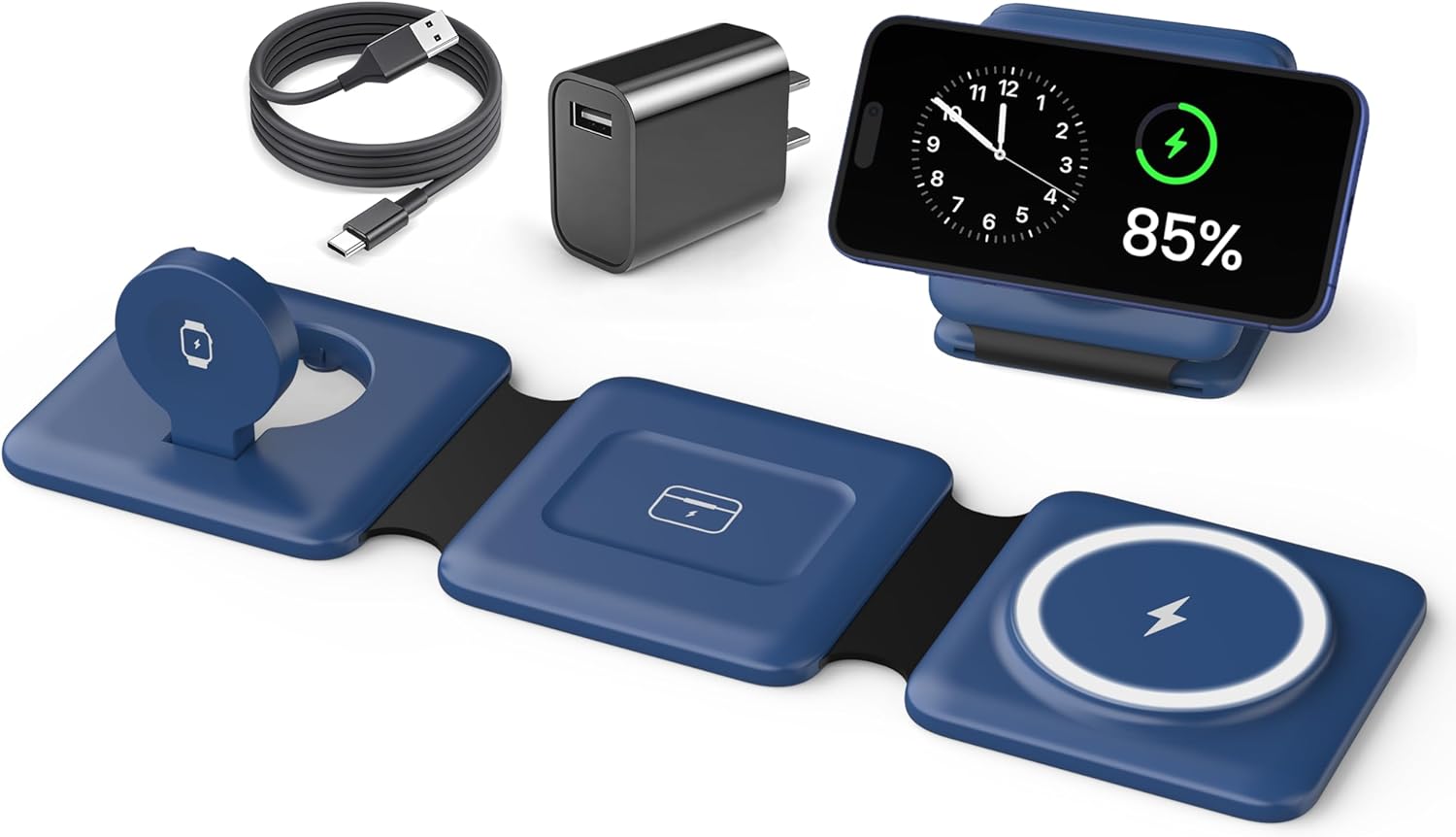 Charging Station for Apple Devices – 3 in 1 Magnetic Foldable Wireless Charger Dock – Travel Charging Pad for MagSafe iPhone 16 15 14 13 12 Pro Max Plus Watch & Airpods