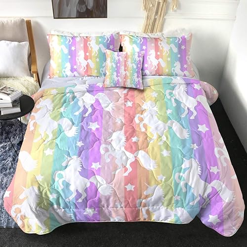 Sleepwish Queen Unicorn Comforter 4 Pieces Unicorn Rainbow Bedding with Comforter, 2 Pillow Shams and 1 Cushion Cover, Cute Unicorn Colorful Stripe Bed Set, Reversible Comforter for Girls Women